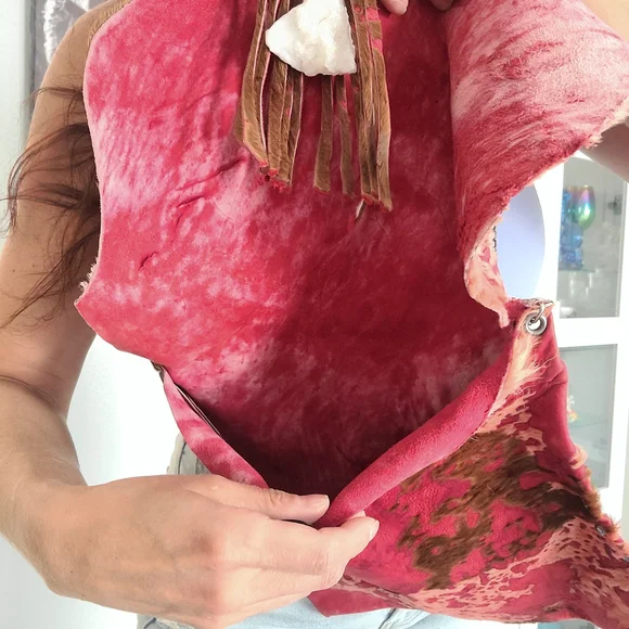 Pink-Brown Distressed Leather Crossbody Bag with Tassel - Picture 4 of 4